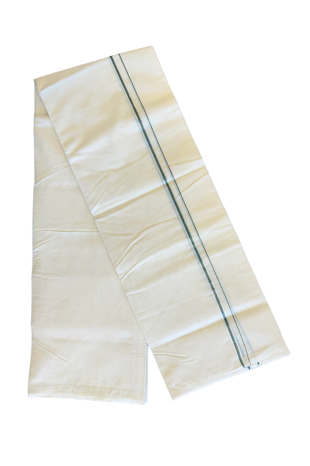 22% DISCOUNT!! KaithariKada HANDLOOM UNAKKUPAAV Balaramapuram - 100% PURE Cotton OFF White (Unbleached) Double Mundu/Dothi -  Muthukuri Green & Silver Kasavu kara 3.70m- 8KK410SOM