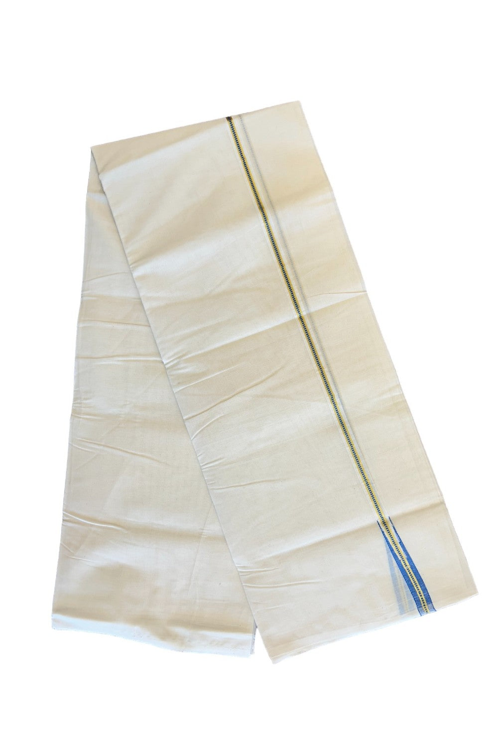 25% DISCOUNT! KaithariKada Balaramapuram 100% Cotton Double Off white Mundu/Dhoti-100x100  1.5 cm Chutty Puliyilakkara Muthukuri Kasavu & Sky Blue Kara- 8KK417ASH