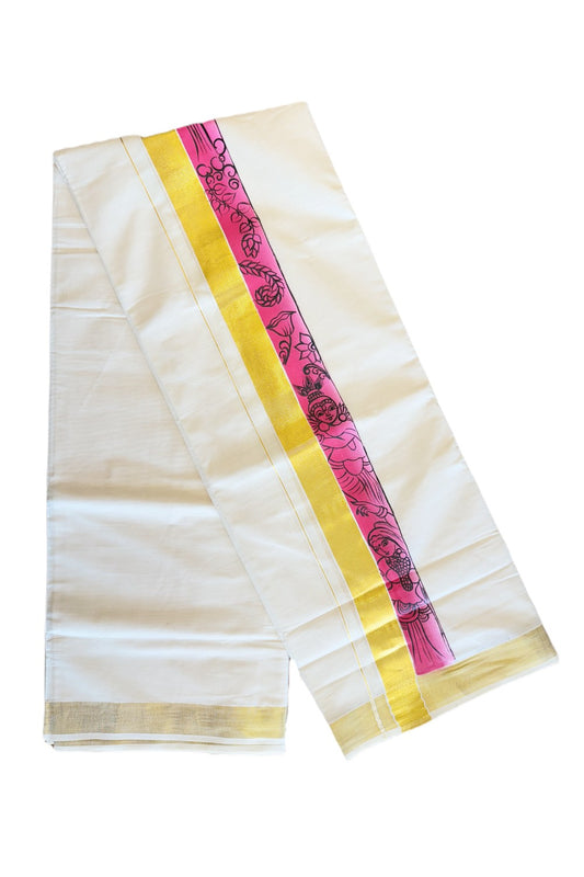 4% DISCOUNT!! KaithariKada Balaramapuram 100% Cotton Double Off white Mundu/Dhoti-80x72- 2inch Kasavu Hand Painted Dark Pink Shaded Flower & Radha design-8