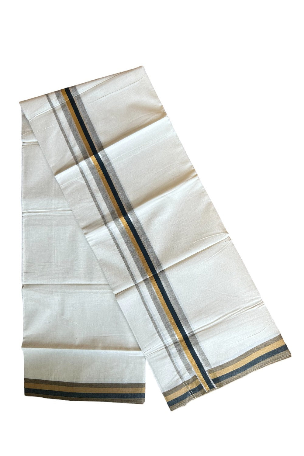 14% DISCOUNT!!! KaithariKada Balaramapuram 100% Cotton off white (Unbleached) Double  Mundu/Dhoti - 100X90  Brown Black &Silver kara - 8KK431VAS