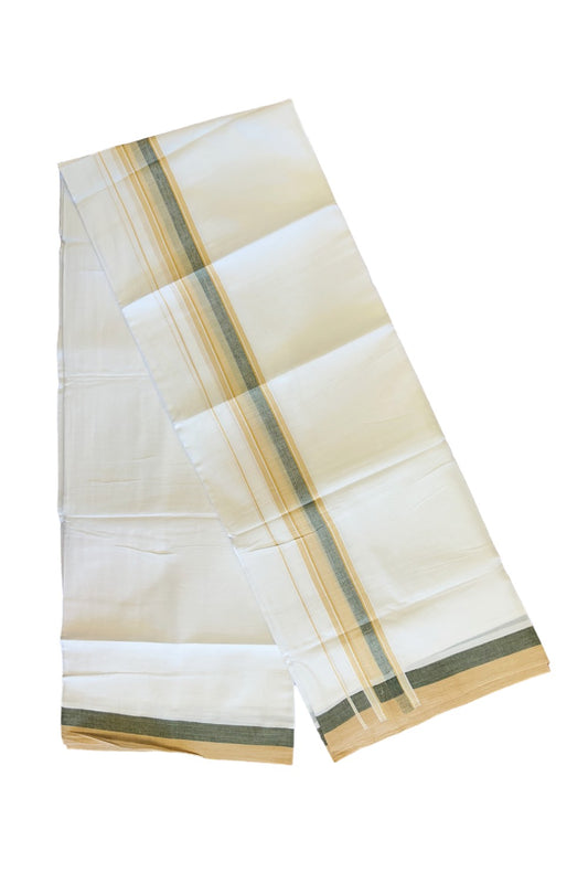 26% DISCOUNT!!! KaithariKada Balaramapuram 100% Cotton PURE white Double Mundu/Dhoti-100x90   2.25 Inch Sand brown & Green shaded stripes kara  - 8KK448VIN