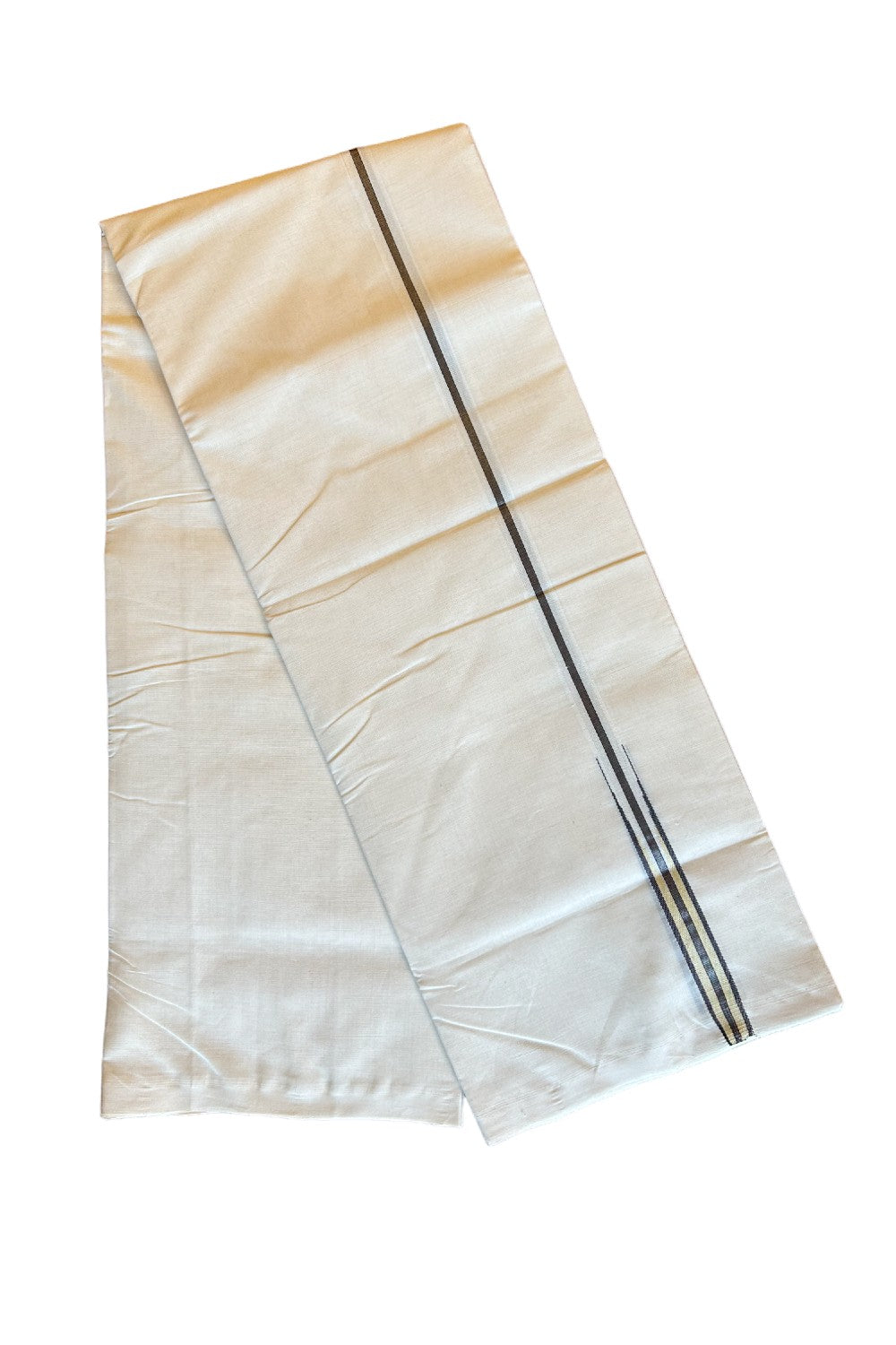 17% DISCOUNT!! KaithariKada HANDLOOM Millpaav Balaramapuram - 100% PURE Cotton OFF White - (Unbleached) Double Mundu/Dothi - 2 cm Puliyilakkara silver kasavu Black stripes with Black & Light yellow chutty - 8KK462RAM