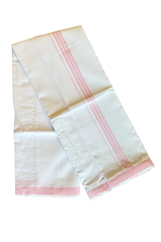 KaithariKada Balaramapuram  COTTON SINGLE PURE WHITE VELCRO Mundu/Dhoti - 1.5inch Light Pink kara - 8KK485SRI