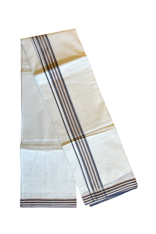 29% DISCOUNT! KaithariKada Balaramapuram 100% Cotton Ultra WHITE Double Mundu/Dhoti-100x100 2.25 inch Cream & Black Stripes Cotton kara 3.70m- 8KK493RAM