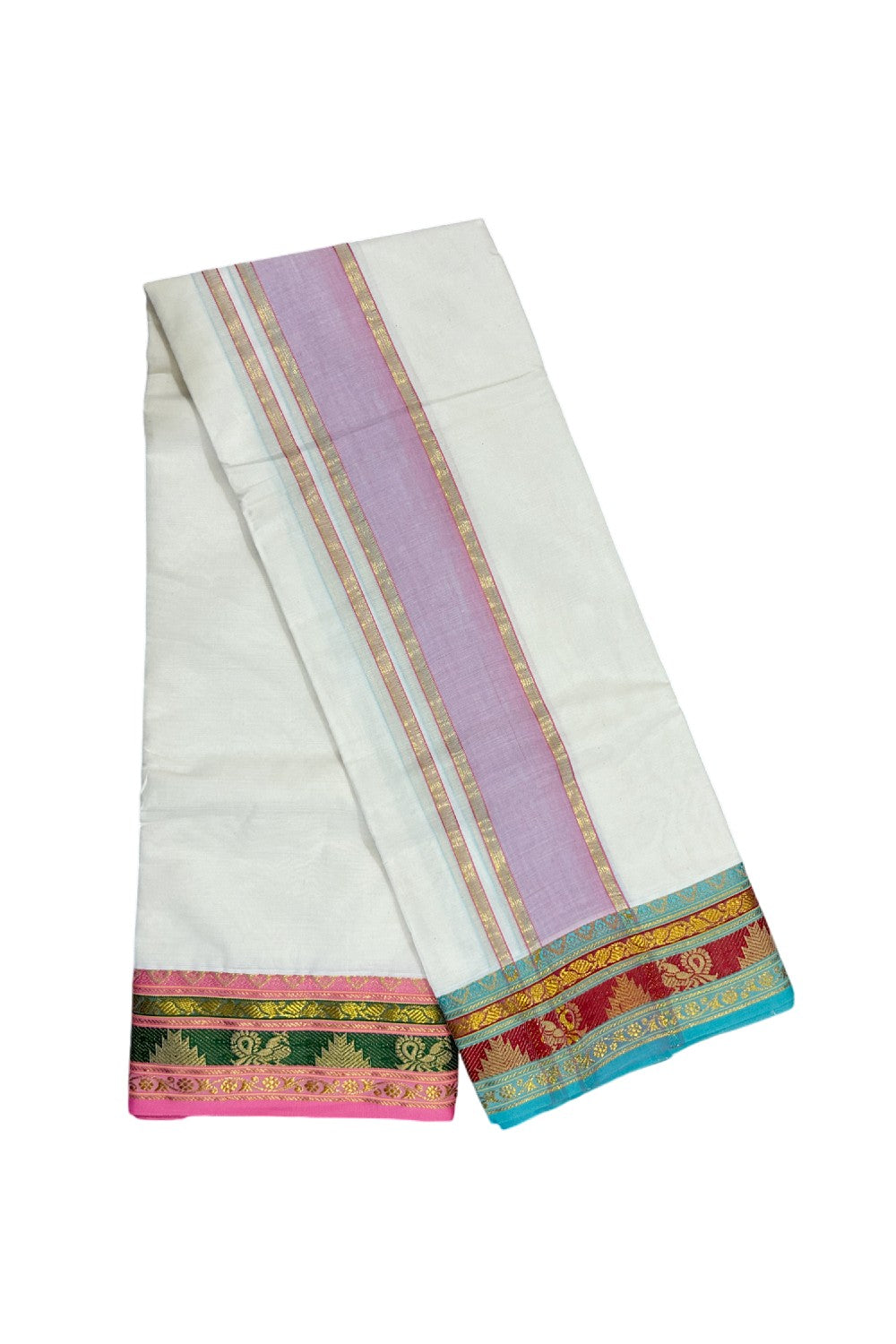 36% DISCOUNT! KaithariKada Cotton Mix  Off White - (Unbleached)- 80x80 thread - 80% Cotton & 20% Polyester-  NORTH INDIAN - ATTACHED GAMCHA 9X5 Dhoti 3.75 inch Pink kara with Blue Green & Red Design border  - 8KK5005PMC