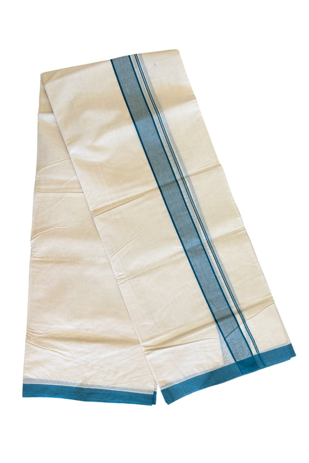 10% Discount KaithariKada Balaramapuram 100% Cotton Double Off white Mundu/Dhoti-100x100 2  inch Blue Green shaded Kara - 8KK500KK