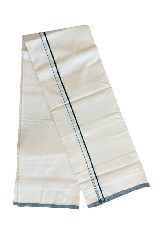 SIGNATURE KAITHARIKADA EXCLUSIVE SINGLE DHOTI - 100% Cotton Balaramapuram HANDLOOM Single Mundu/Dhoti - Off White 0.25inch Green & Silver Kasavu Kara- 8KK5010KAI