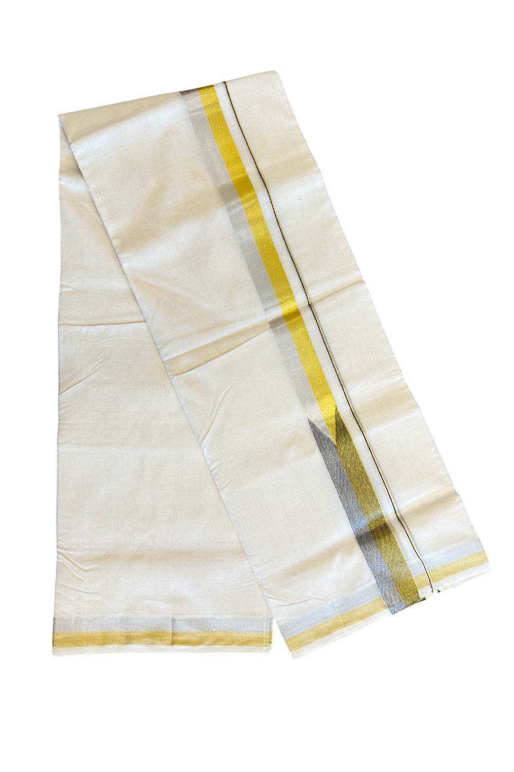 18 % DISCOUNT ! KaithariKada HANDLOOM Unakkupaav Balaramapuram - 100% PURE Cotton Off White Double Mundu/Dhoti - Silver & Gold Kasavu Black Chutty - 8KK5020RAM