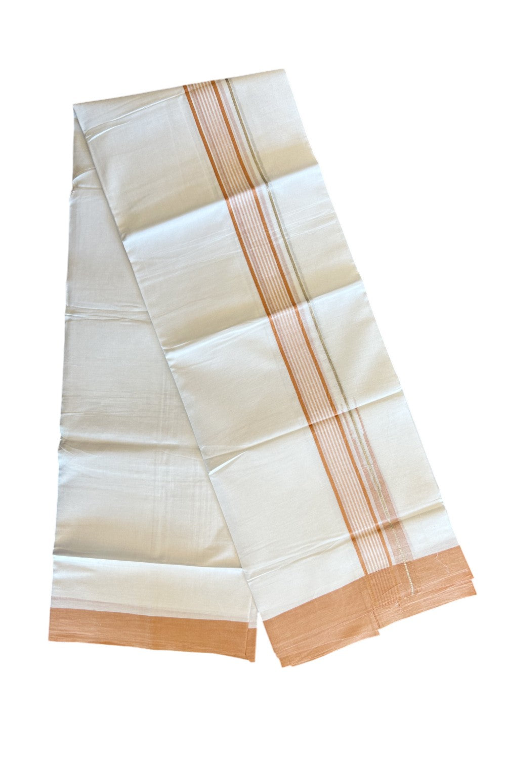 Kaitharikada  Balaramapuram 100% Pure Cotton PURE WHITE Double Mundu/Dothi - 80x92 - 1.5 Inch Light Orange & Silver striped Chutty kara - 8KK5022VAN