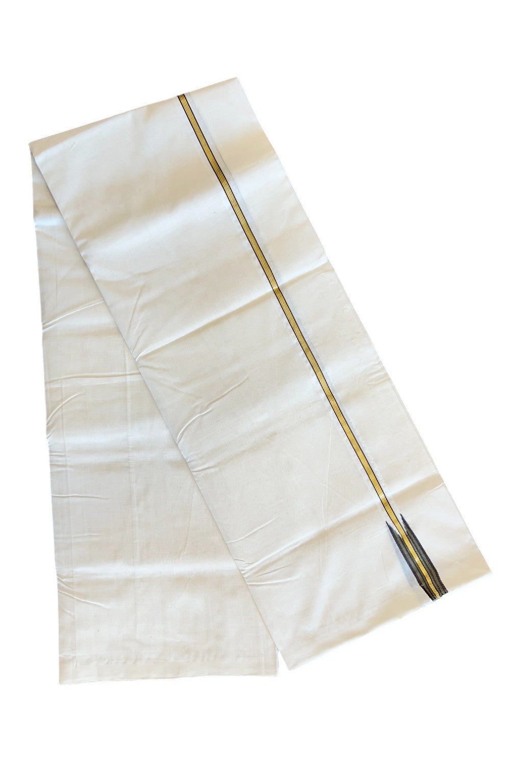 8% DISCOUNT!! KaithariKada HANDLOOM Unakkupaav  Balaramapuram - 100% PURE Cotton OFF White Double - (Unbleached) Mundu/Dothi - Kasavu dark olive green & Brown puliyilakkara Chutty - 8KK5029RAM