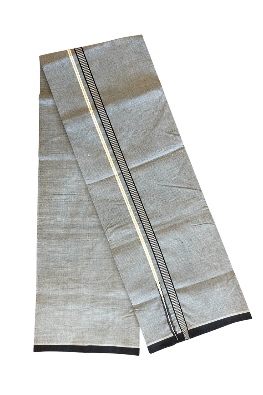 33% Discount !! KaithariKada 100% Pure Cotton - Colour Mundu Single Mundu/ Dhothi Ash Grey COLOUR BODY &  Black Striped Silver Chutty 1.25 inch Kara- 8KK5030ASH