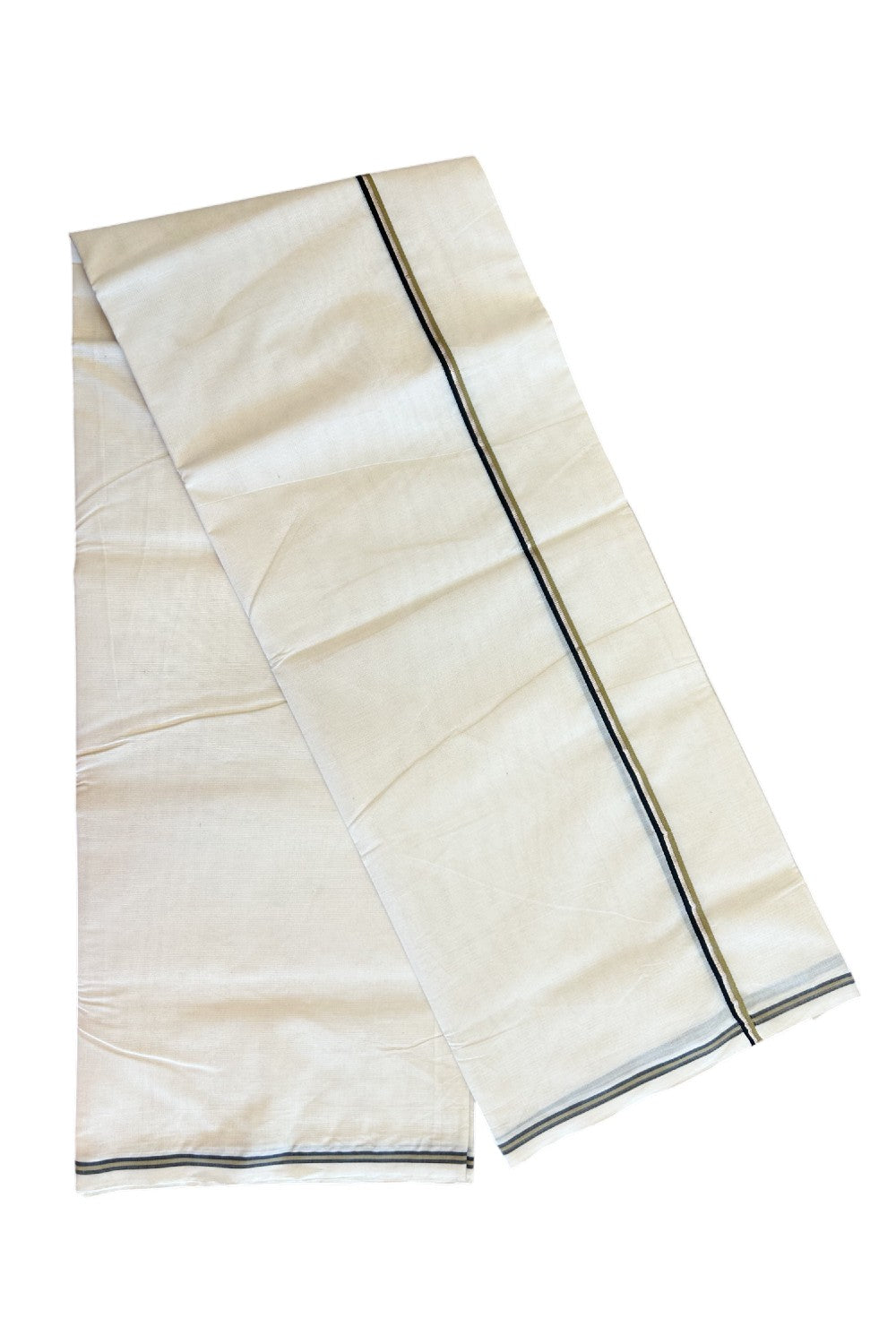 19% Discount!!  KaithariKada Balaramapuram 100% Cotton Double off white - (Unbleached) Mundu/Dhoti - 100X100 Sea Weed Green, Black & Silver Striped kara - 8KK5035ASH