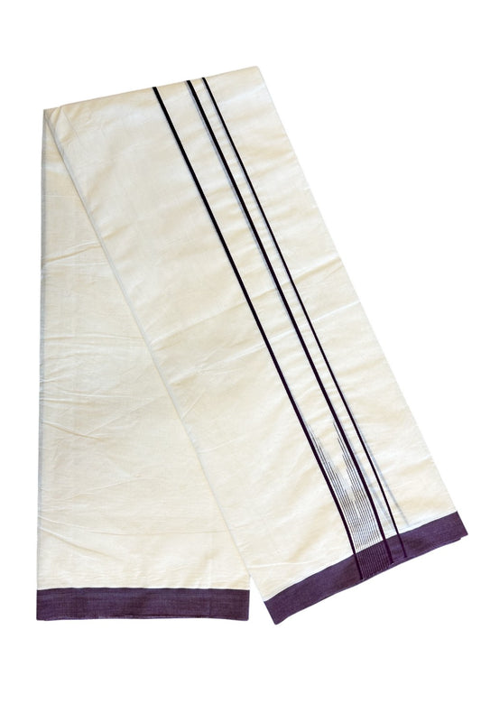 5% Discount!!! KaithariKada Balaramapuram  Double Off white - (Unbleached) Mundu/Dhoti - 80X90 - 2.25 inch Puliyilakkaara heavy chutty Wine purple stripes - 8KK5037KAI