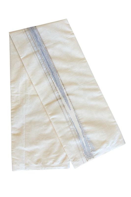 5% Discount!!! KaithariKada Balaramapuram  Double Off white - (Unbleached) Mundu/Dhoti - 80X90 - 2 inch Silver kasavu Blue striped heavy chutty - 22KK5037KAI