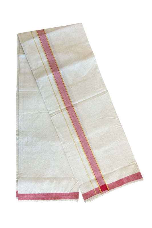 15% KaithariKada 100% PURE Cotton Balaramapuram HANDLOOM off white (Unbleached) Single Mundu/Dhoti - 2 inch Gold Kasavu & Red Kara-79