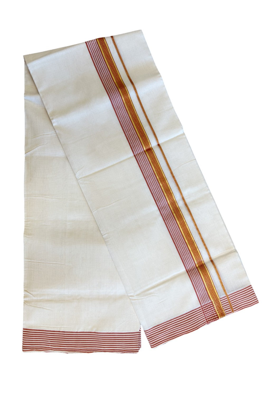 21% Discount KaithariKada HANDLOOM Unakkupaav Balaramapuram - 100% PURE Cotton Off White (Unbleached) Double Mundu/Dhoti - 2.25 inch  Kasavu & Brick Red Stripes Designer Kara-221