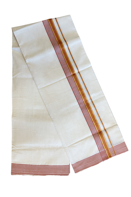 21% Discount KaithariKada HANDLOOM Unakkupaav Balaramapuram - 100% PURE Cotton Off White (Unbleached) Double Mundu/Dhoti - 2.25 inch  Kasavu & Brick Red Stripes Designer Kara-221