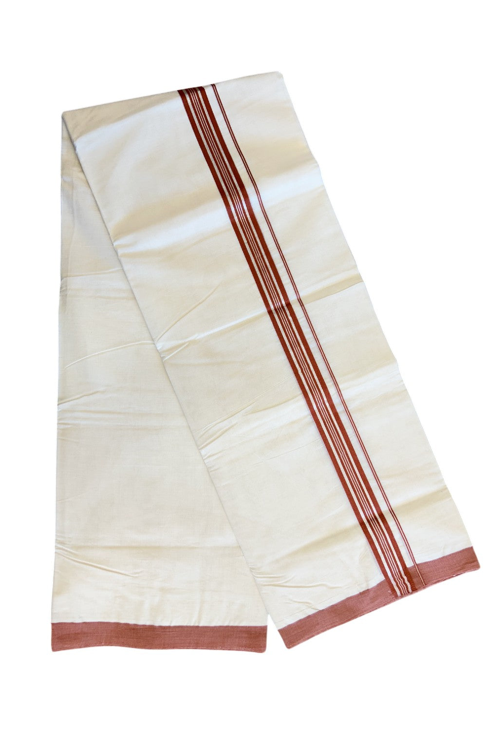 35% Discount !! KaithariKada Balaramapuram 100% Cotton Double Off white -(Unbleached) Mundu/Dhoti-100x100 - 1.5inch Silver Kasavu & Brick Red Striped Kara- 8KK5045ASH