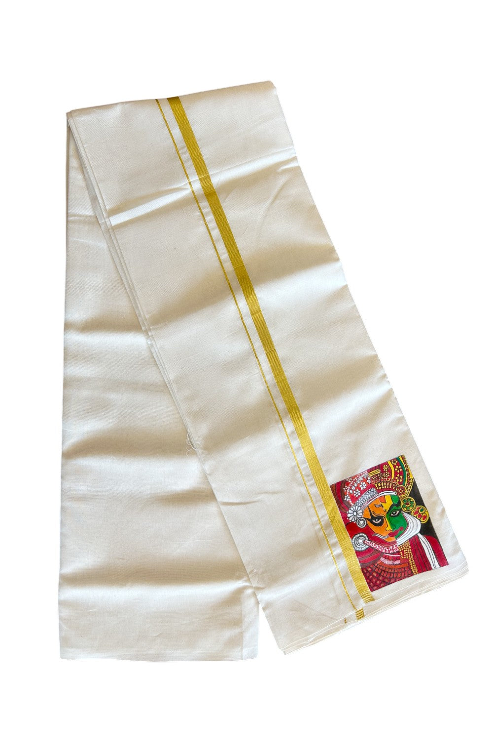 KaithariKada Balaramapuram 100% Cotton Double Off white - (Unbleached) Mundu/Dhoti-100x80 1 inch Kasavu & Hand Painted Theyyam & Kadhakali Design Kara 3.70 meter- 8KK5046KK