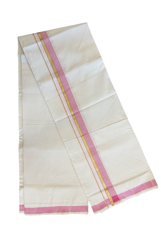 32% Discount KaithariKada 100% Cotton Balaramapuram HANDLOOM Single Mundu/Dhoti - Off White (Unbleached) 1.75inch Pink & Kasavu Kara Stripes- 311