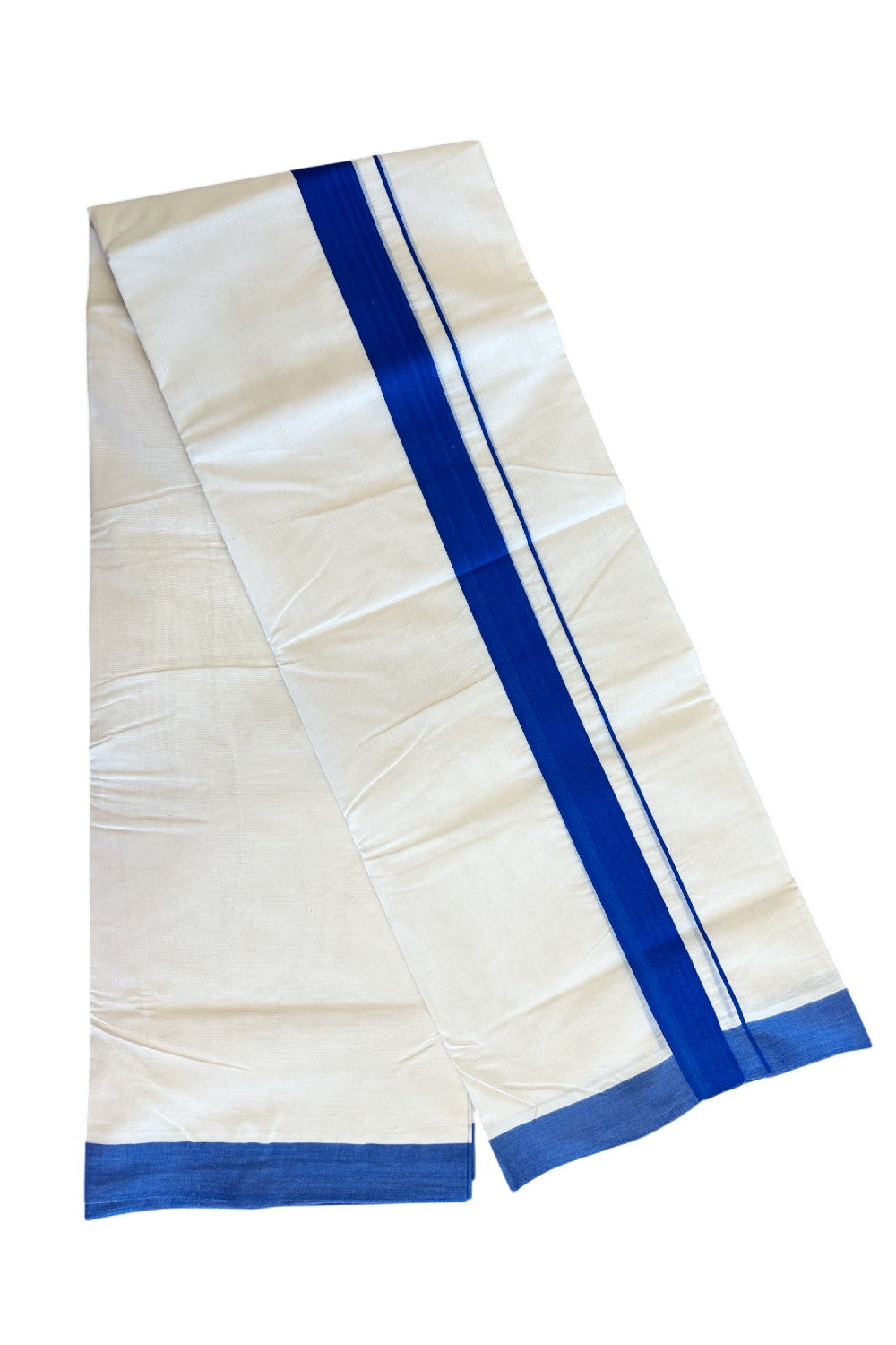 33% DISCOUNT! KaithariKada Balaramapuram 100% Cotton Double Off white - (Unbleached) - Mundu/Dhoti- 100x80 - 2inch Deep Blue Kara 3.75 mtr  - 133