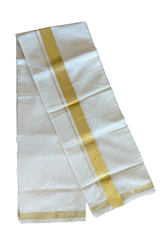 19% DISCOUNT! KaithariKada HANDLOOM Unakkupaavu Balaramapuram - 100% Cotton Double OFF White - (Unbleached) Mundu/Dhoti - 100x100 - 2 inch Gold Kasavu Kara 3.66 meters - 8KK5065KK