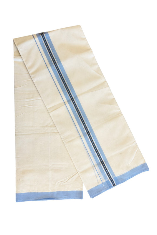 19% DISCOUNT!! KaithariKada HANDLOOM Millpaav Balaramapuram - 100% PURE Cotton OFF White - (Unbleached)- Double Mundu/Dothi - 2.25 Inch Light Blue & Black silver Kasavu Kara - 8KK5056RAM