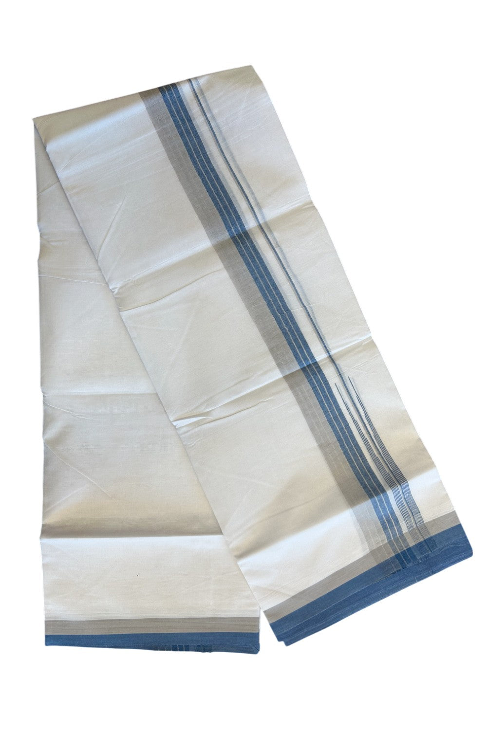 19% Discount!!! KaithariKada Balaramapuram  PURE WHITE Double Mundu/Dhoti - 80X90 - 2.25 inch Silver stripes Blue & Ash puliyilakkara striped chutty kara 3.85 meters - 8KK5058GUN