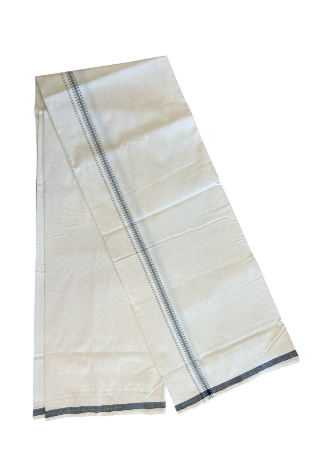 32% Discount ! KaithariKada 100% Cotton Balaramapuram HANDLOOM Single Mundu/Dhoti - Off White (Unbleached) 1.cm Gray striped  kara - 13.