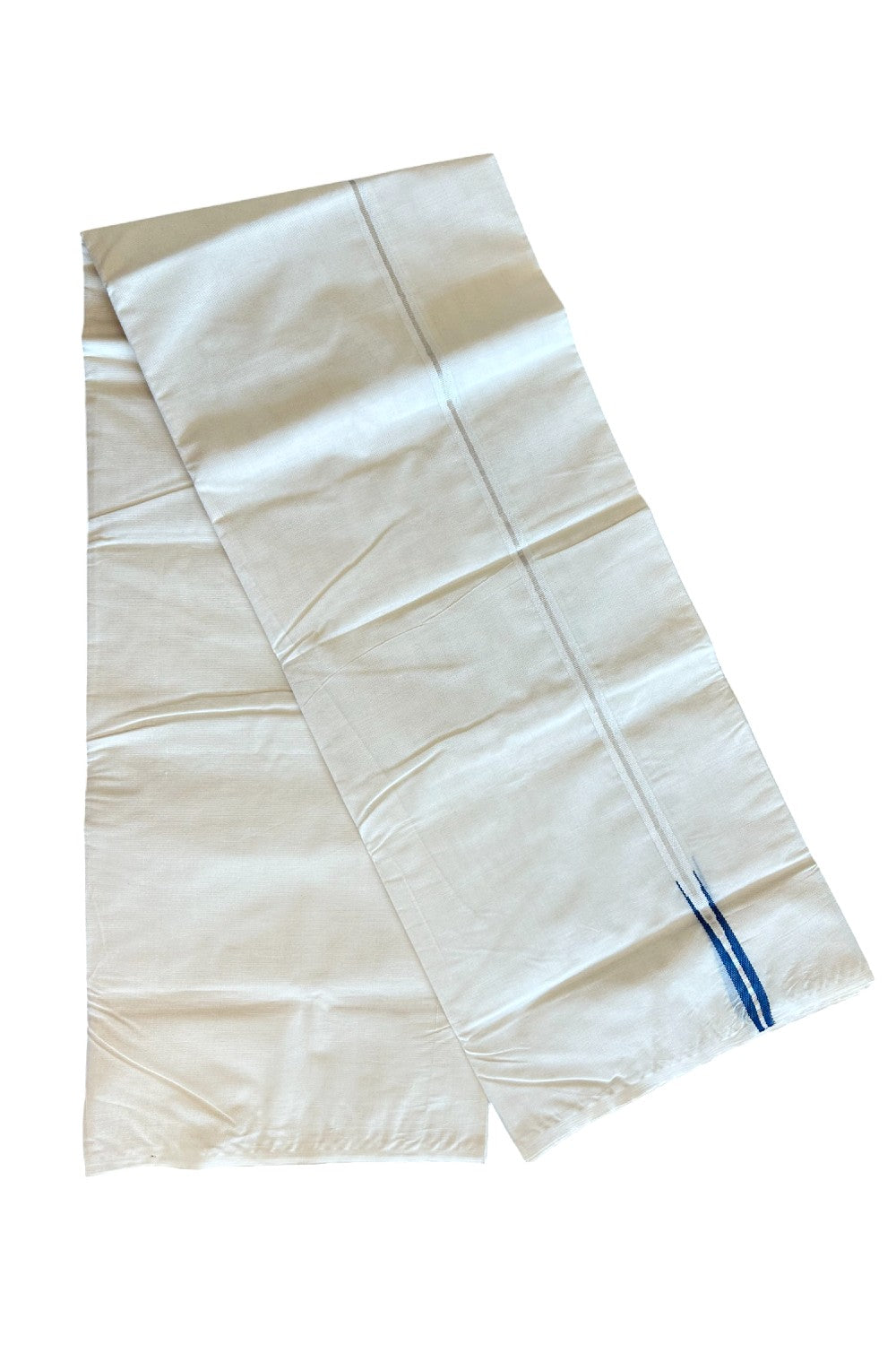 22% DISCOUNT!! KaithariKada Balaramapuram 100% Cotton off white  Double - (Unbleached) Mundu/Dhoti - 100x100 - Silver Kasavu & Peacock Blue Chutty - 8KK5063KK