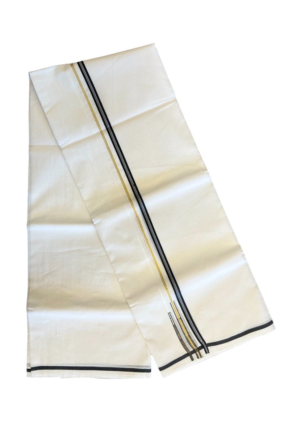 18% DISCOUNT! NEW!! KaithariKada Balaramapuram 100% Cotton PURE WHITE Double Mundu/Dhoti-100x100 1.cm  Puliyilakkara Double Chutty Kasavu & Black Striped  Kara - 8KK5067KK