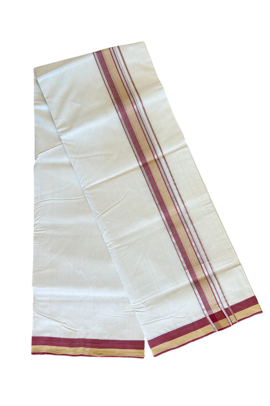 21% Discount KaithariKada HANDLOOM Unakkupaav Balaramapuram - 100% PURE Cotton OFF WHITE Double - (Unbleached) Mundu/Dhoti - 2 inch  Red +Yellow Stripes & Silver kasavu - 8KK506RAM