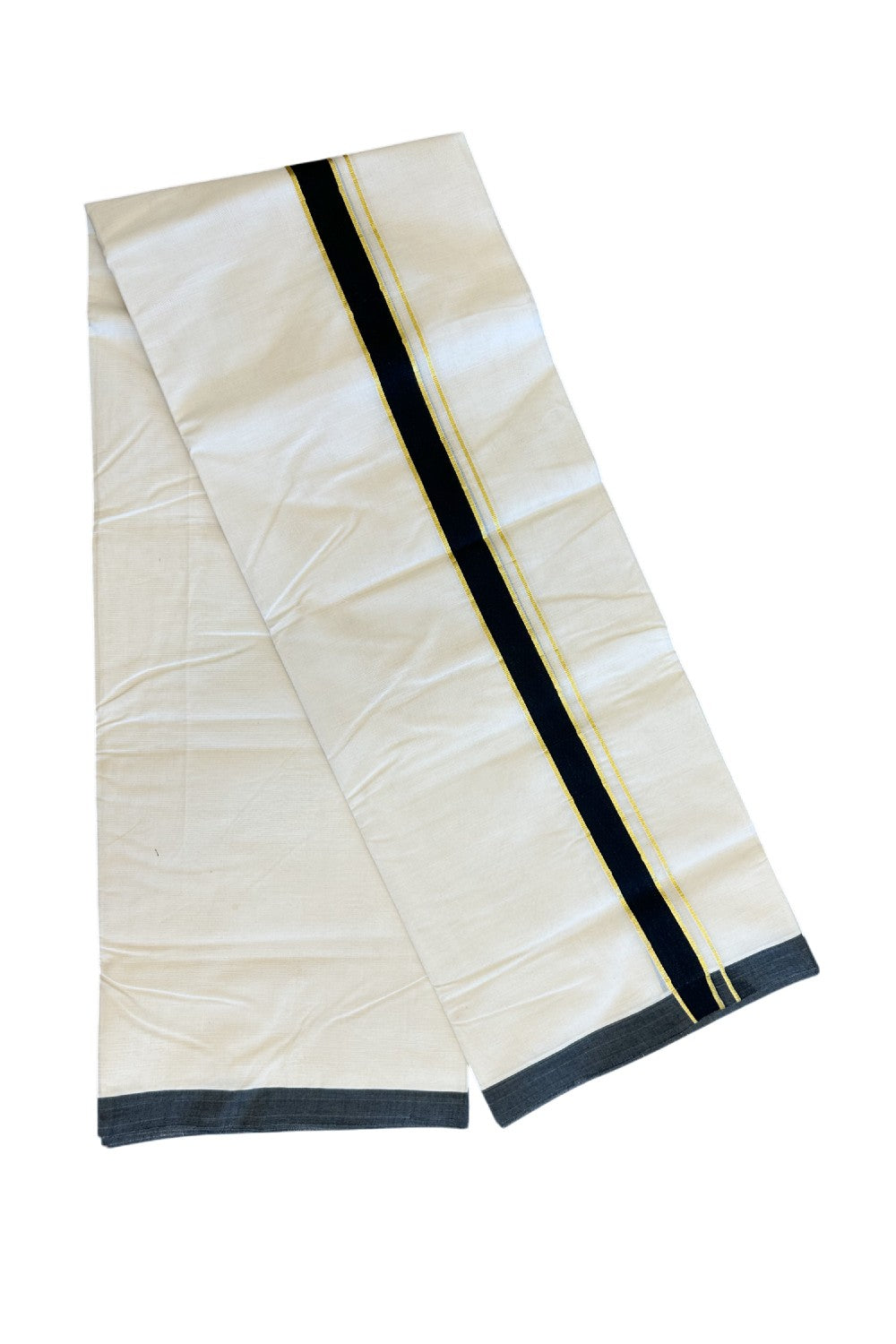 19% Discount ! KaithariKada Balaramapuram 100% Cotton Double Off white - (Unbleached) - Mundu/Dhoti-100X100 - 1.5inch Gold Kasavu & Black Kara.- 8KK5074ASH