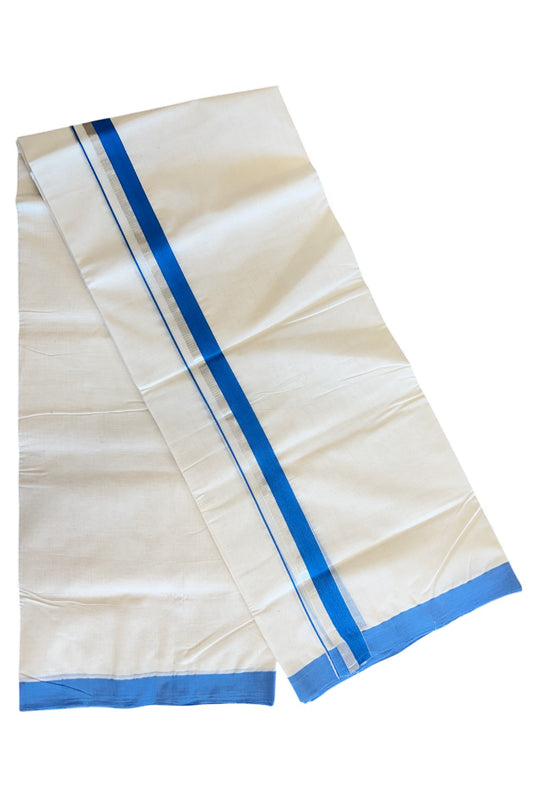 19% Discount !! KaithariKada HANDLOOM millpaav Balaramapuram - 100% PURE Cotton OFF White Double - (Unbleached)  Mundu/Dothi - 1.75  inch Silver kasavu & Blue kara 4.5 Meters (10 Muzham) - 8KK5081RAM