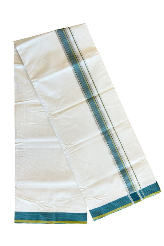 19% Discount !! KaithariKada HANDLOOM UNAKKUPAAV Balaramapuram - 100% PURE Cotton off white - (Unbleached) Double Mundu/Dhoti - 2 inch Silver kasavu Peacock Blue & Mustard Yellow striped kara - 8KK5082RAM