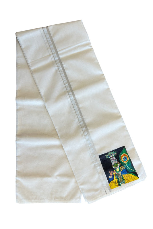 KaithariKada Balaramapuram 100% Cotton Double Off white - (Unbleached) Mundu/Dhoti-100x80 0.75 inch SILVER Kasavu & Hand Painted Kadhakali Design Kara 3.70 meter- 8KK5083ASH