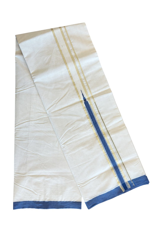 19% DISCOUNT! KaithariKada Balaramapuram 100% Cotton Double Off white - (Unbleached) Mundu/Dhoti-100x100 Chutty Heavy Designer Blue & Kasavu 1.5 inch Kara- 8KK5087ASH