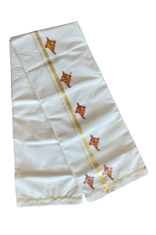 KaithariKada HANDLOOM Millpaav Balaramapuram - 100% PURE Cotton OFF White - (Unbleached) Double Mundu/Dothi - 1 inch Kasavu kara Hand Painted Shankh Design - 8KK5091RAM