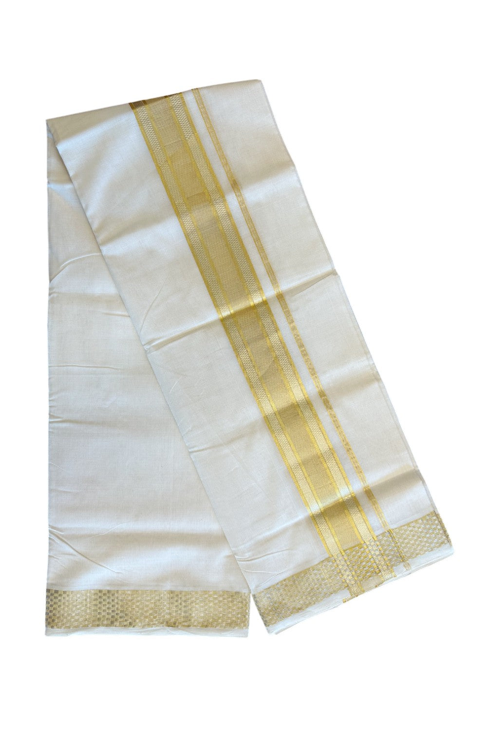 30% DISCOUNT ! KaithariKada HANDLOOM Unakkupaav Balaramapuram - 100% PURE Cotton Off White - (Unbleached) Double Mundu/Dhoti - 100x100  3 Inch Kasavu Striped Pattern kara - 8KK5097ABH