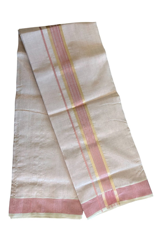 30% DISCOUNT! KaithariKada HANDLOOM Millpaav Balaramapuram - 100% PURE Cotton Off White (Unbleached) - Double Mundu/Dhoti - 2.75 inch Gold Kasavu Striped Kara & Pink Tissue Body- 8KK5105RAM