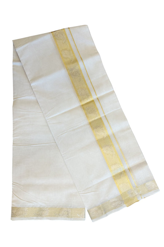 30% DISCOUNT ! KaithariKada HANDLOOM Unakkupaav Balaramapuram - 100% PURE Cotton Off White - (Unbleached) Double Mundu/Dhoti - 2.5 inch Gold Kasavu & Silver Peacock Feather Design Kara - 8KK5107ABH