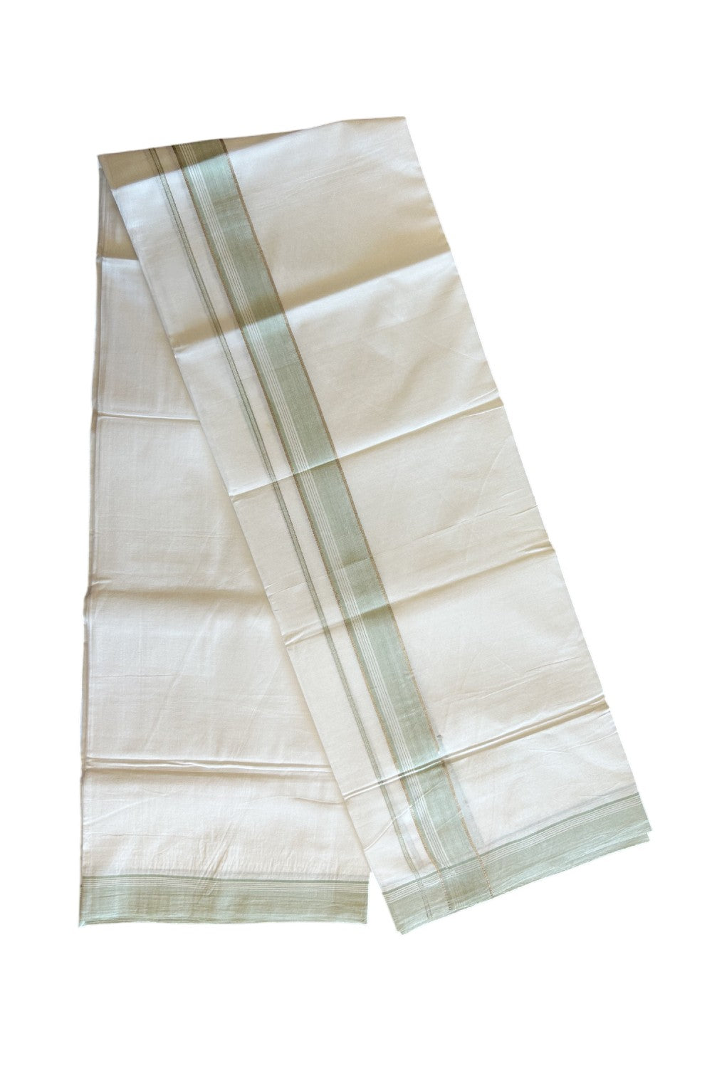 20% DISCOUNT! KaithariKada Balaramapuram 100% Cotton Double PURE white Mundu/Dhoti - 100x100 - Shaded Light Green Silver Side Striped Kara - 8KK5109THI