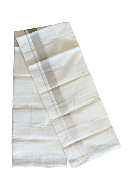 19% DISCOUNT! KaithariKada Balaramapuram 100% Cotton  Off white (Unbleached) Double Mundu/Dhoti-100x100 1.5 inch Silver Kasavu kara - 8KK5110THI