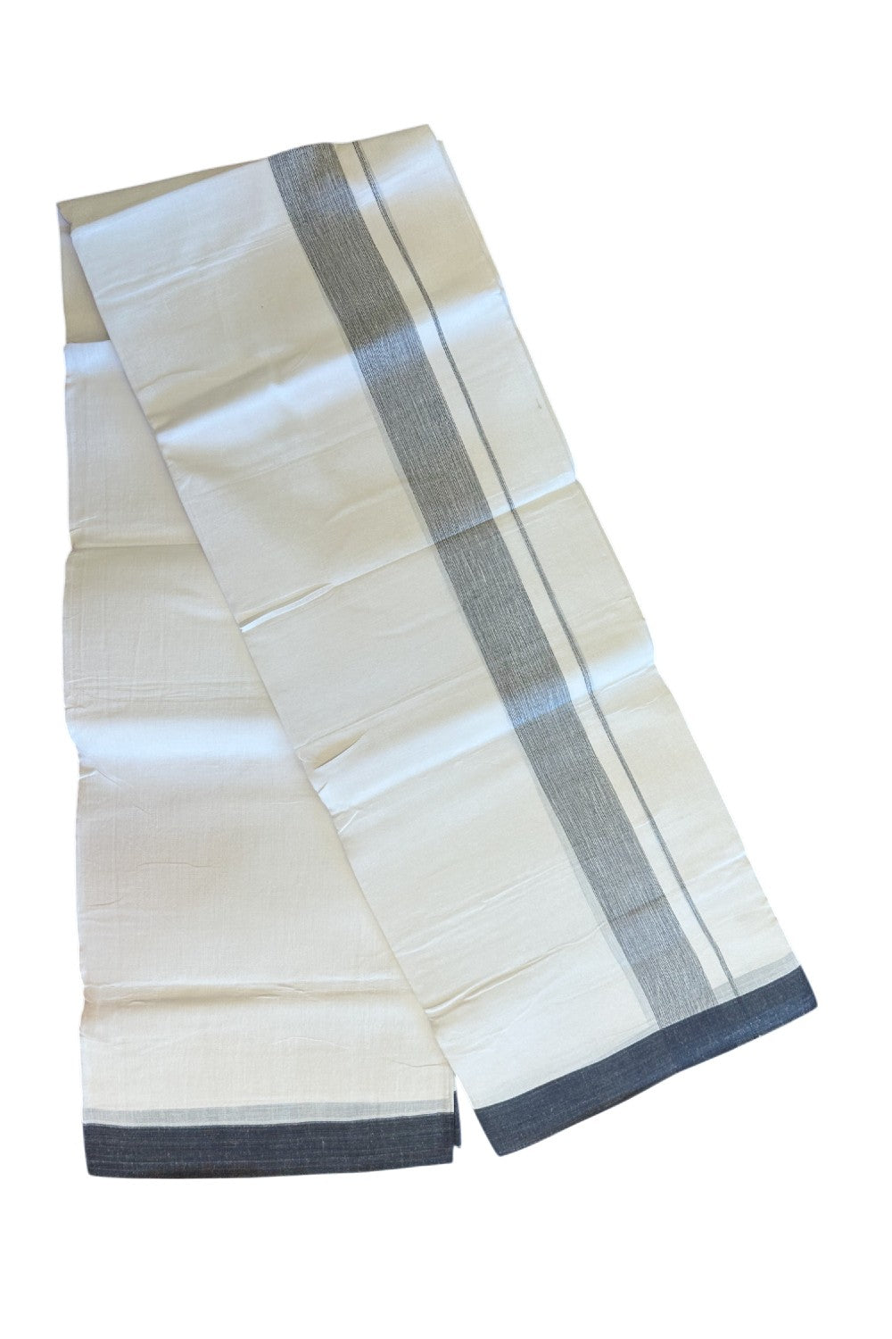 Linen Dhoti NEW! 20% Discount from Kaitharikada.com - Double Mundu/Dhoti 80x90 Thread PURE WHITE - Pure Cotton + Linen - 2.25 Inch Black Shaded Kara- 26KK5115THI