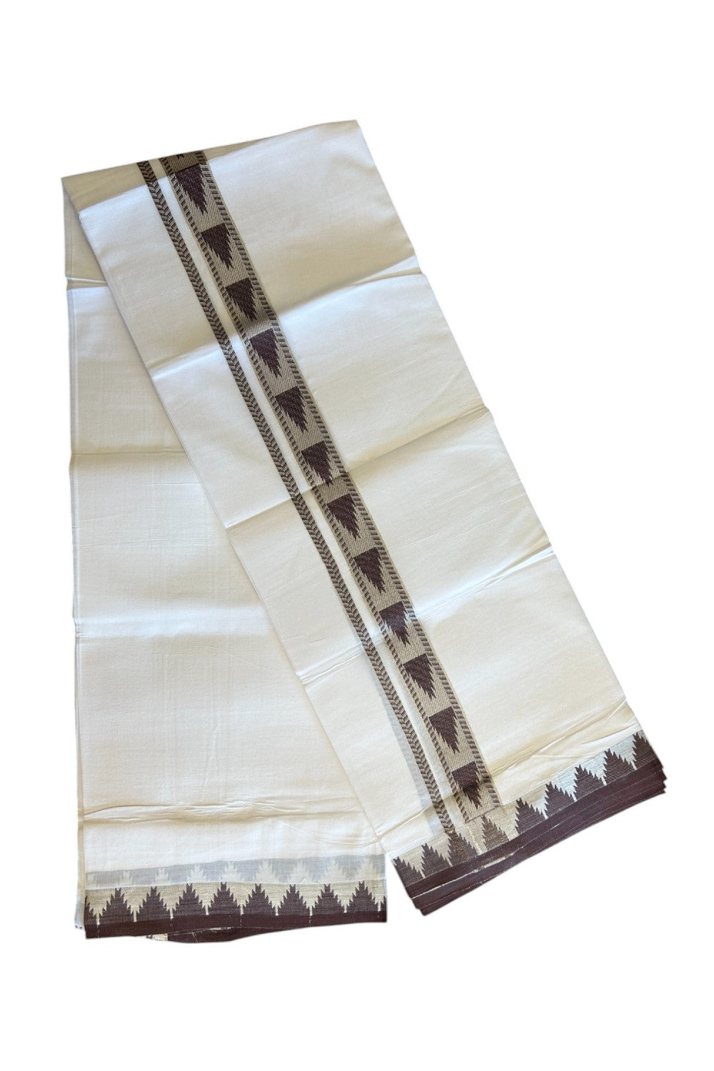 20% DISCOUNT! KaithariKada Balaramapuram 100% Cotton Double PURE white Mundu/Dhoti - 100x80 - 2 Inch Silver kasavu & Brown Temple Design Kara - 8KK5118PMC