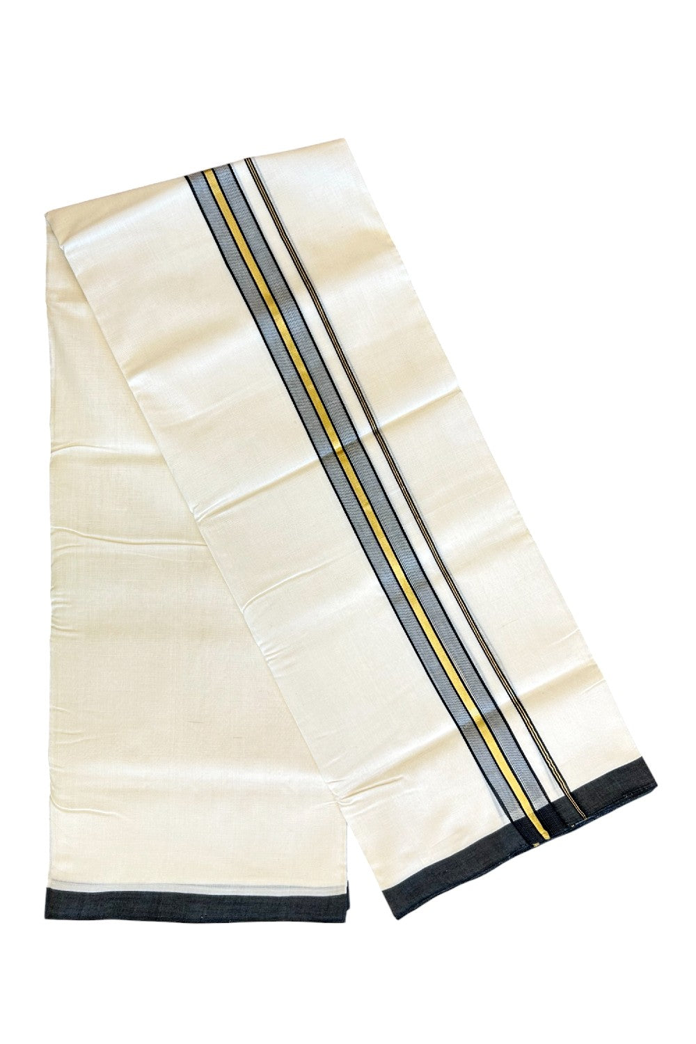 30% Discount!!! KaithariKada HANDLOOM UNAKKUPAAV Balaramapuram - 100% PURE Cotton off white (Unbleached) Double Mundu/Dhoti - 1.5 inch Kasav & Black Striped Kara - 8KK5123RAM