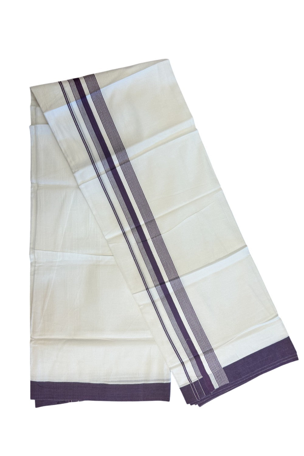 20% DISCOUNT! KaithariKada Balaramapuram 100% Cotton Double PURE white Mundu/Dhoti - 100x80 - 1.75 Inch Violet Striped Kara - 8KK5135GAN