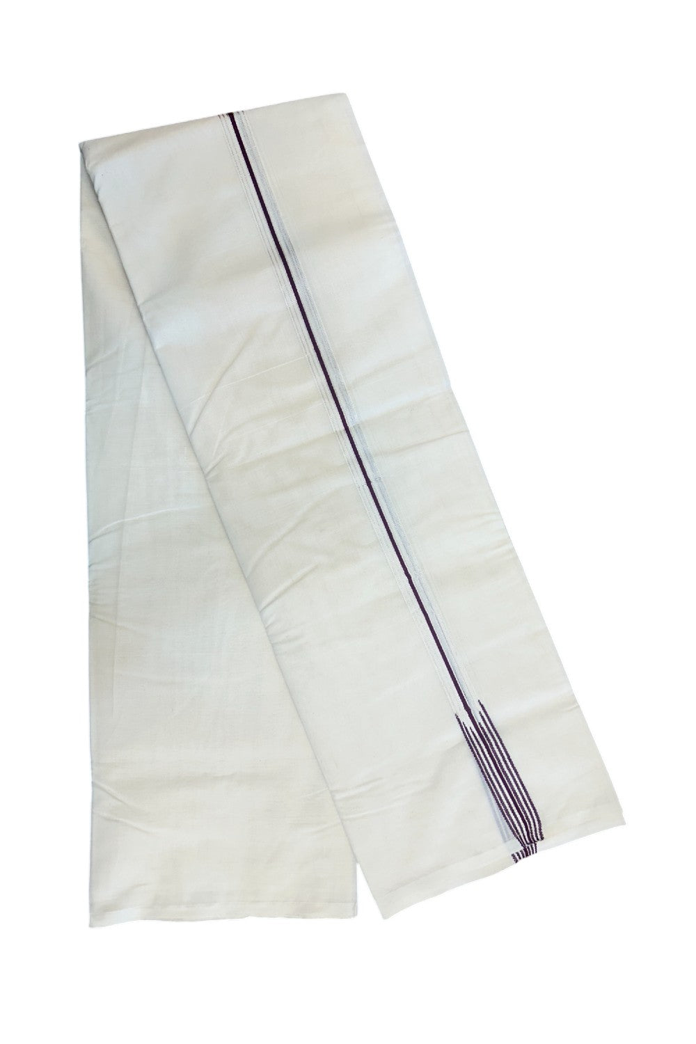 19% DISCOUNT ! KaithariKada 100% Cotton OFF WHITE - (Unbleached) Double Dhoti/Mundu- 100x100 - 0.75 inch 6 Line Puliyilakkara Purple & Silver Chutty Kara 3.50 meters - 7KK5140ASH