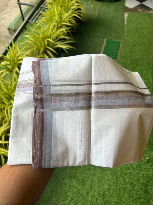 21% Discount !! KaithariKada Balaramapuram Double PURE WHITE Mundu/Dhoti- 100x80 - 1.5 inch Brown Ash Kara Silver Striped kara - 8KK5143PMC