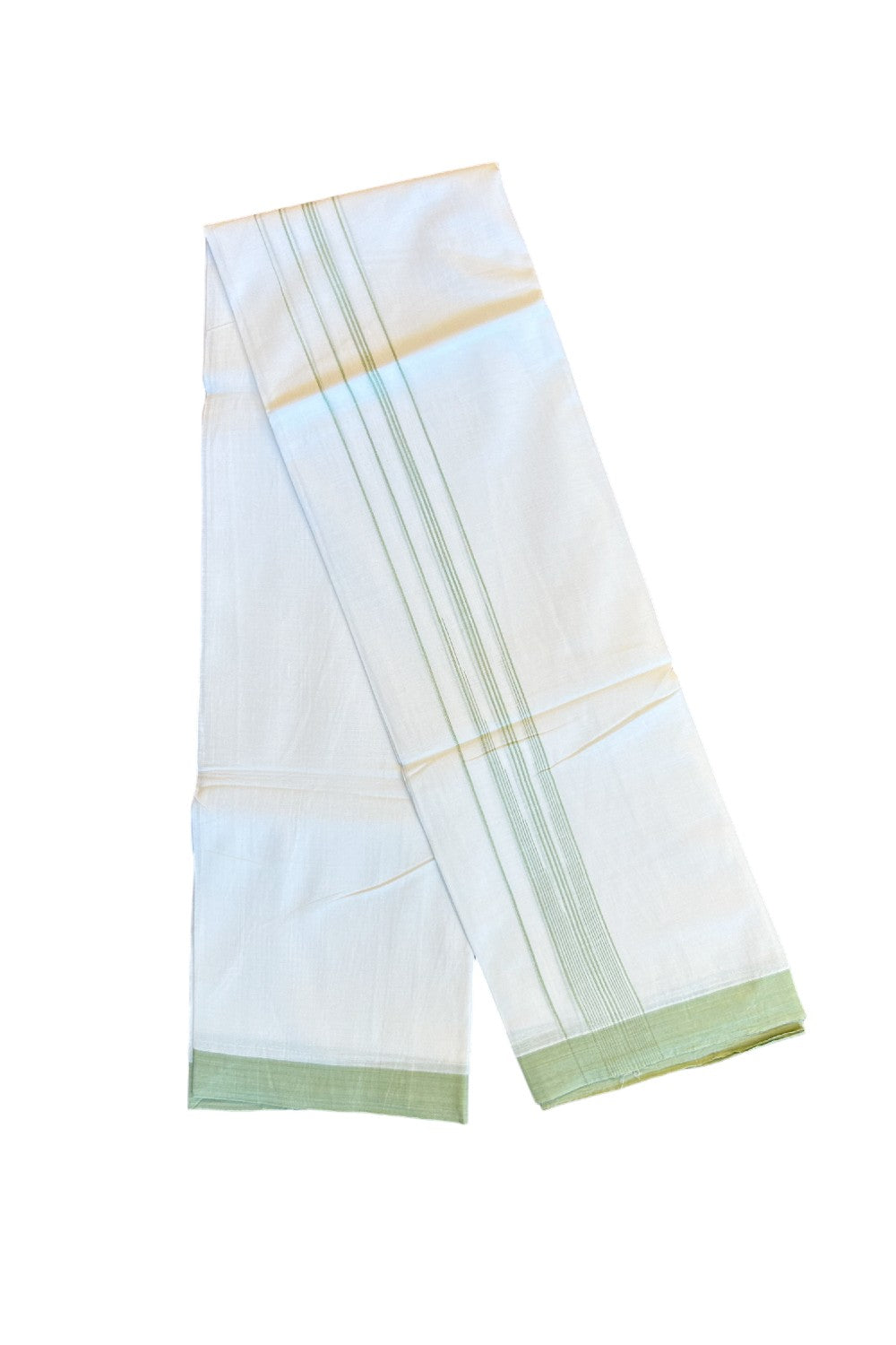 22% DISCOUNT!! Kaitharikada Balaramapuram 100% Cotton Ultra WHITE Double Mundu/Dothi-100x100  2 Inch LIGHT GREEN Striped Cotton Kara 3.80m - 8KK74RAM